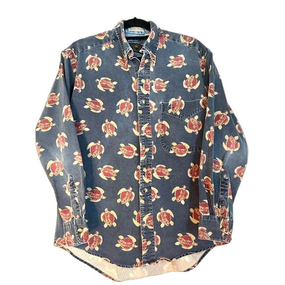 Dock Square Washed Cotton Medium Button Down Sea Turtle Coastal Cowboy Denim Men - Picture 1 of 3